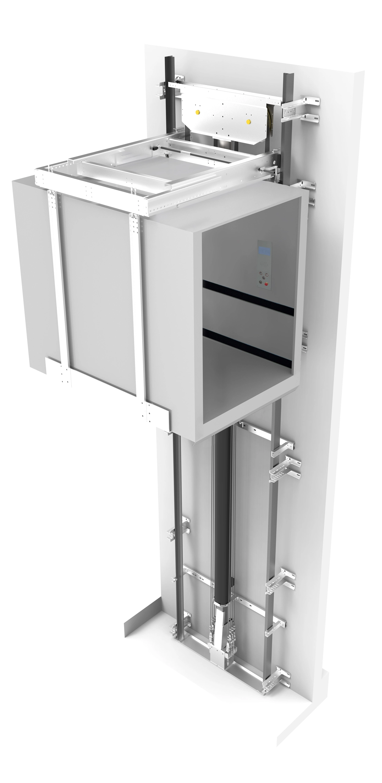 Rendering tecnico della piattaforma elevatrice industriale Hercules PR con struttura ad arcata rovescia e fossa ridotta